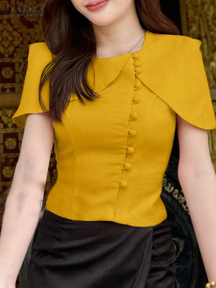 ZANZEA Elegant Office Lady เสื้อผู้หญิงผ้าคลุมไหล่สไตล์ 2025 แฟชั่น O-คอสีทึบเสื้อแขนสั้นสบายๆฤดูร้อน Blusas