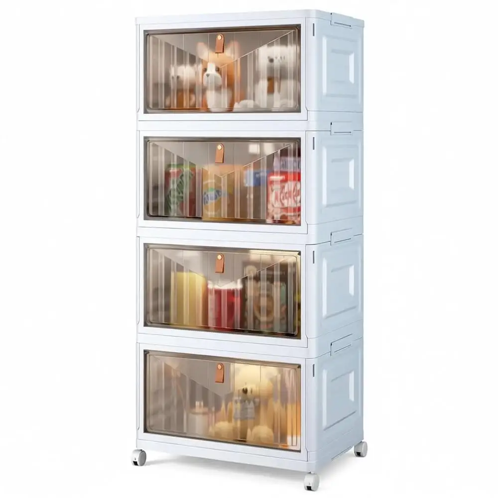 

Stackable 4-Tier Plastic Storage Bins with Lids and Wheels - 23 QT Organizers for Closet, Home, Pantry, Dorm in Grey