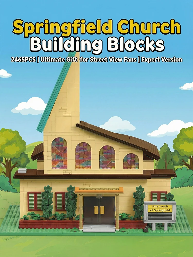 2465-teiliger Kreativer Anime Springfield Kirchenbaukasten Stadtansicht-Architektur Modulares Modell LED-Spielzeug Geschenk für Erwachsene und Kinder
