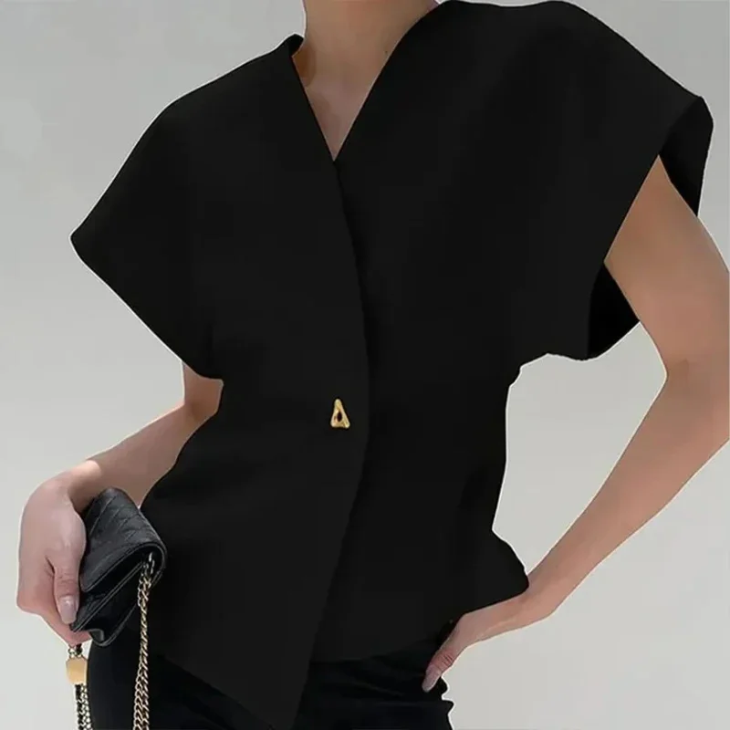 Elegant Women Shirt Solid Button Irregular V Neck Short Sleeve Slim Waistcoat Tops Temperament Female Chic Office Ladies Clothes