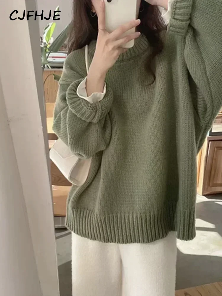 

CJFHJE Preppy Style Green Sweaters Women Vintage Long Sleeve Knitted Pullovers Female Casual O-neck Loose Solid Color OL Sweater