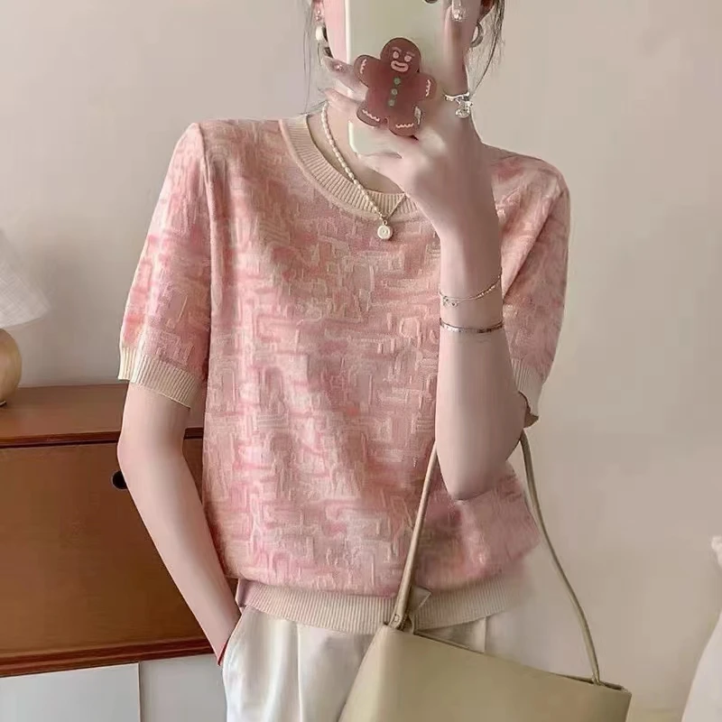 

Summer round Ne ort Sve Knitted Top Women's Printed Thin Line Brand Tag Removed Faionable Commute Sle Loose Fit