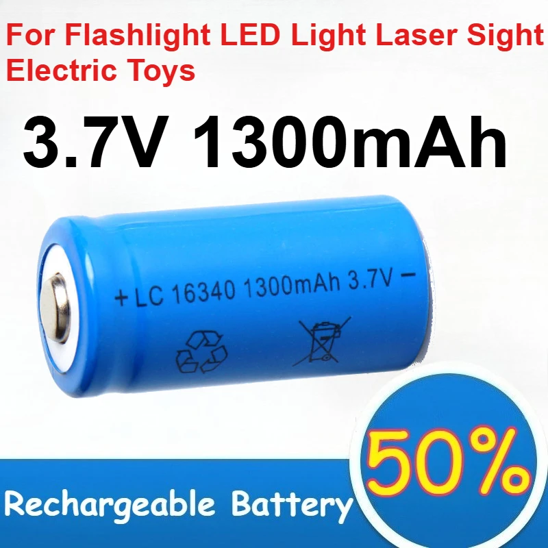 

16340 CR123A Cylindrical Lithium Battery 3.7V 1300mAh for Flashlight LED Light Laser Sight Electric Toys Rechargeable Battery