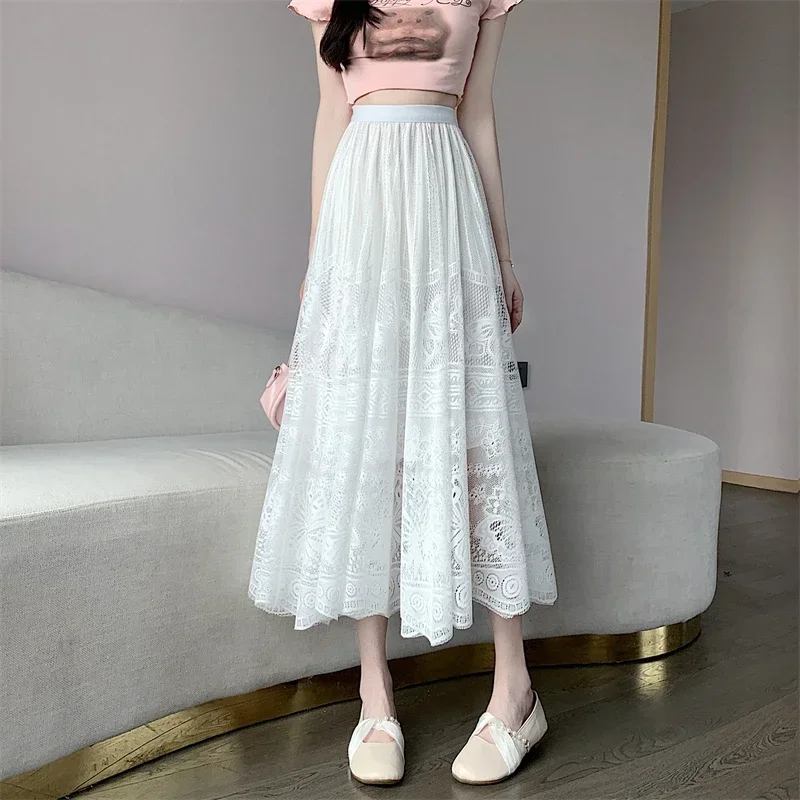 Butterfly Jacquard Hook Flower Hollow Lace Skirt  for Women Elegant Ladies A-line Midi Skirt2024 New Summer Big Swing Long Skirt