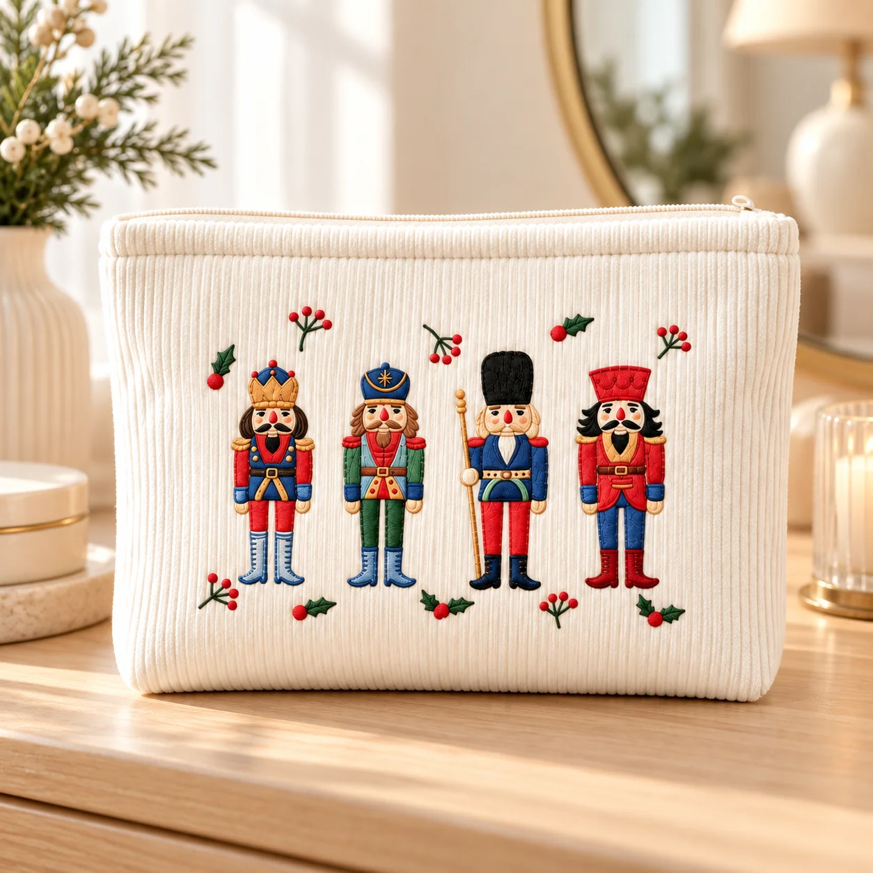 Nutcracker Embroidery Corduroy Cosmetic Bag Soft Makeup Pouch Large Travel Toiletry Organizer Women Storage Bag Gift Pouch