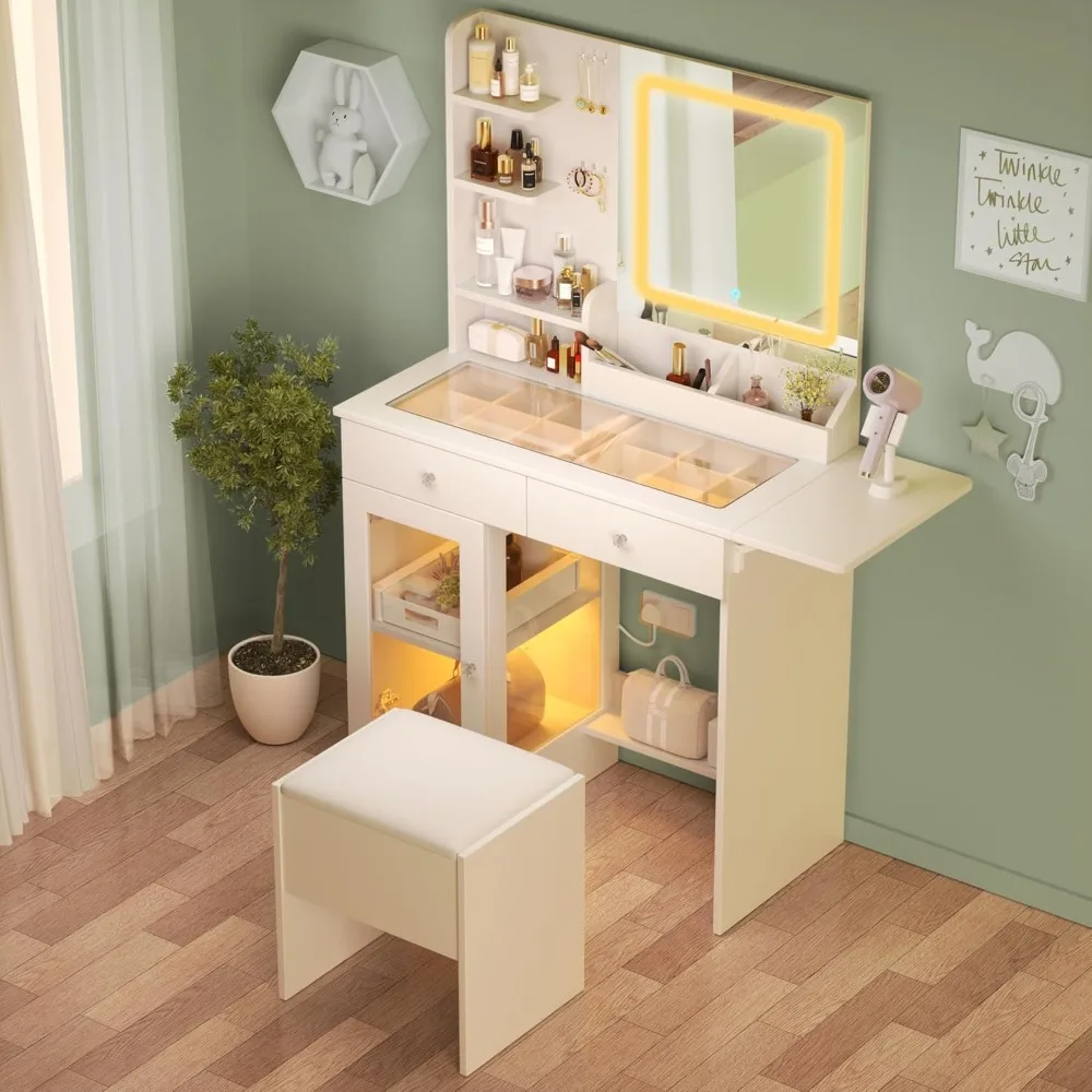

Vanity Desk with Mirror and Lights and Chair| Makeup Vanity for Women with Power Strip| Vanity Set with Two Drawers