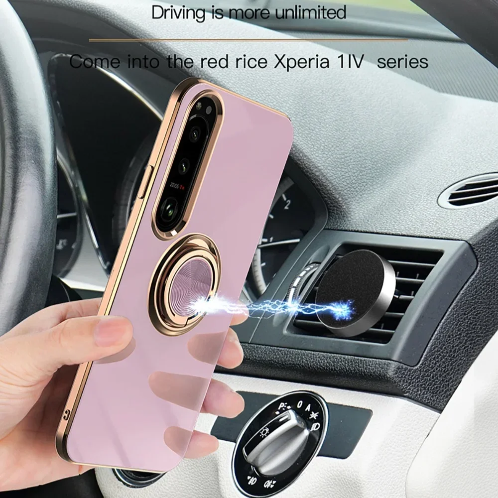 Plating Ring Stand Solid Color Case for Sony Xperia 10vi  1 VI V 5 1 III IV ACE 2 Shockproof Car Magnetic Holder Soft Back Cover