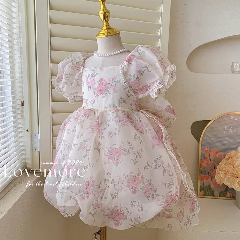 Girls' Elegant Trailing Princess Dress High-Grade Summer2024New Children's Sweet Pink Floral Dress