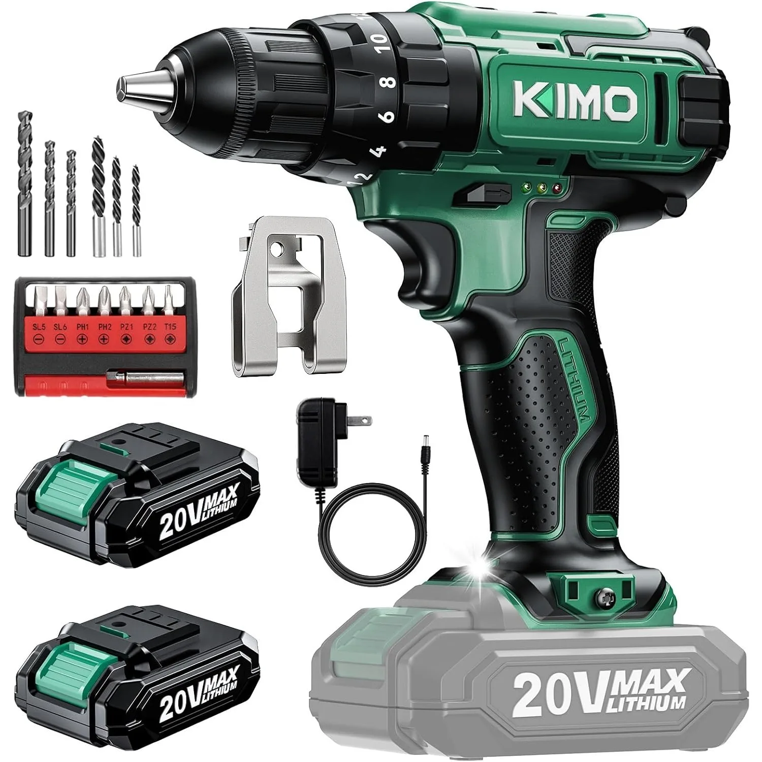 Drill - 20V Cordless Drill Set w/2 X Batteries and Charger, 3/8