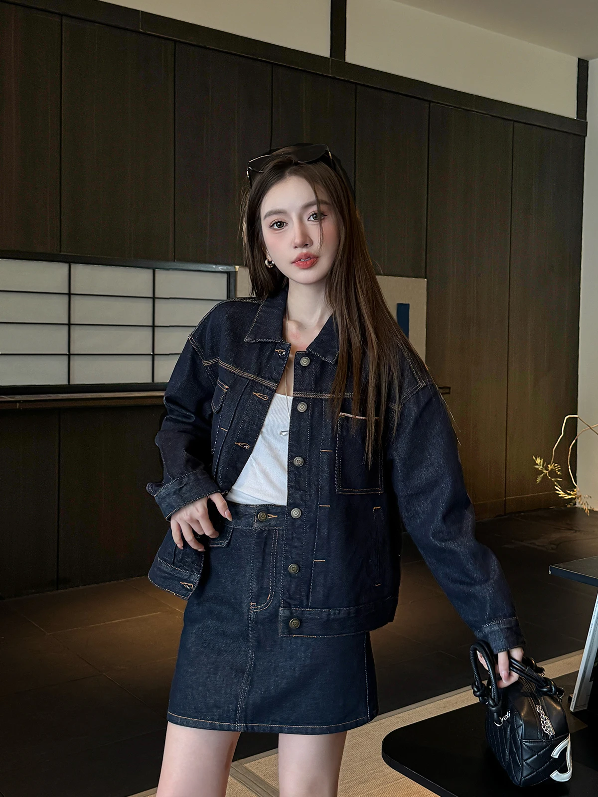 

Spring Summer 2026 Women's Denim Tweed Set High Waist A-Line Skirt Long Sve Collar Breathable Casual Faion