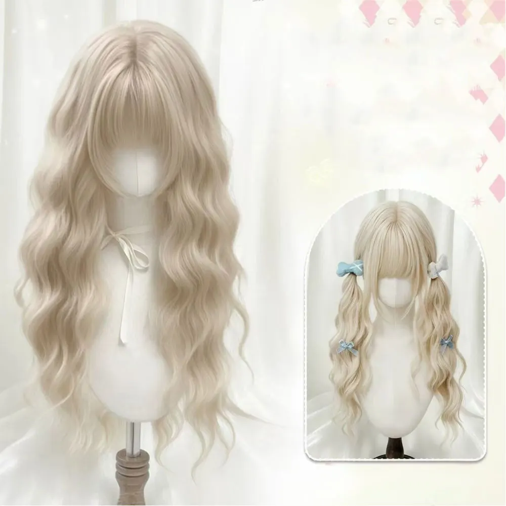 Cream Blonde Long Wavy Synthetic Wig with Bangs Heat Resistant Twin Tails Lolita Style Cosplay for Women Beginner Friendly