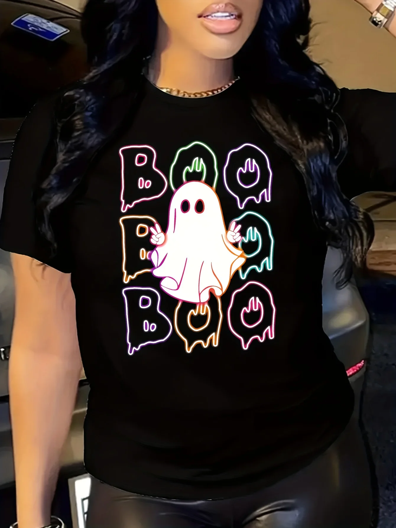 

Women's Halloween Pattern T-shirt - Neon BOO and Ghost Round Neck Short Sleeve T-shirt Suitable for Halloween Party Costume