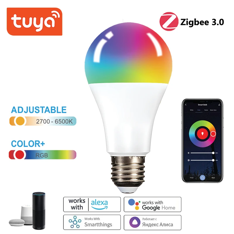 Tuya Zigbee 3.0 Led Light bulb RGB+WW+CW  Wifi Smart Home Led Lamp Compatible With Alexa Amazon Google Assistant 15W E27 B22