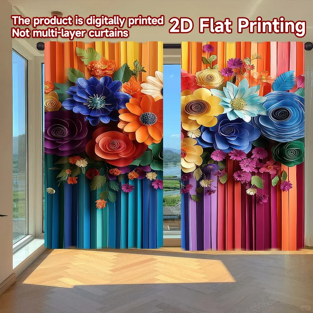 

2D flat printing 2pcs Curtain Colorful Paper Flowers Digital Printed Polyester Drapes Party Decorations Use for Indoor