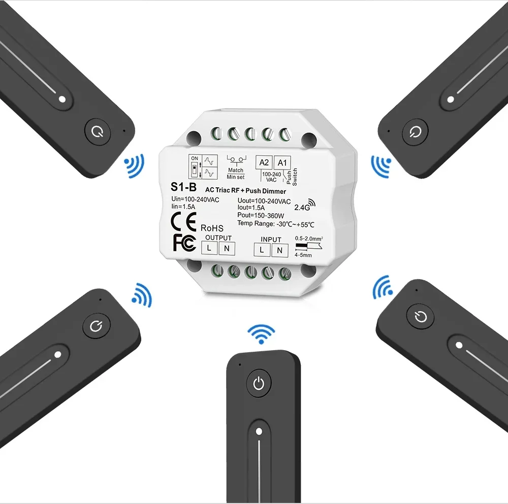 AC Triac LED Dimmer 220V 230V 110V with 2.4G Wireless RF Touch Remote Control Lamp Push PWM Dimmer Switch S1-B Dimming for Home