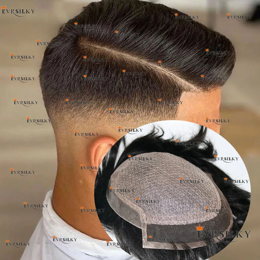 Silk Top Base Invisible M-Lace Front Men Toupee Black 100% Human Hair Natural Scalp Looking Bleached Knots Male Wig Long Last