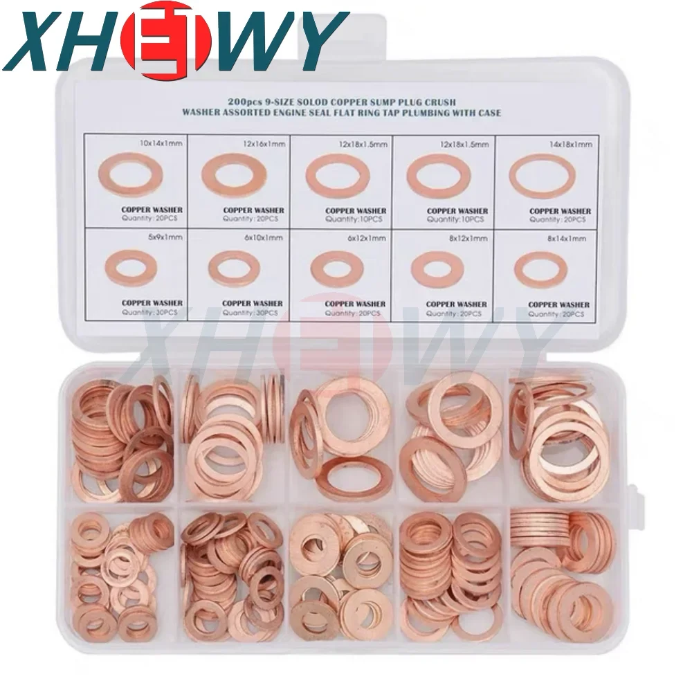 Copper Washer Gasket Nut and Bolt Set Flat Ring Seal Assortment Kit with Box M5/M6/M8/M10/M12/M14M16/M20 for Sump Plugs