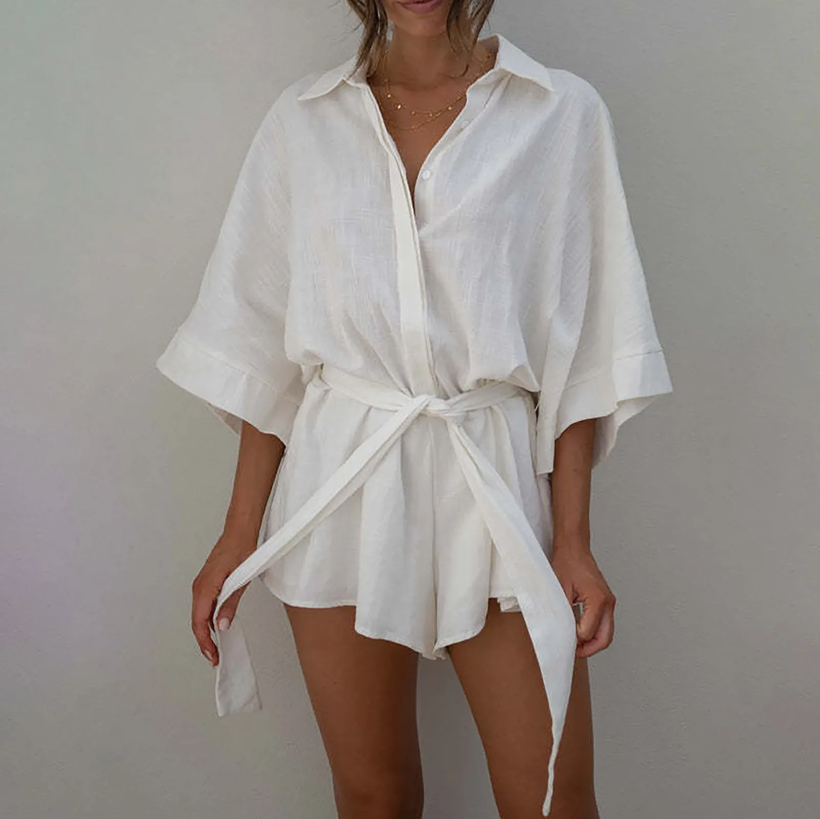 Summer Fashion White Loose Lace-up Overalls Women's Stylish Middle Sleeve Short Jumpsuits Female Holiday Beach Style Playsuits