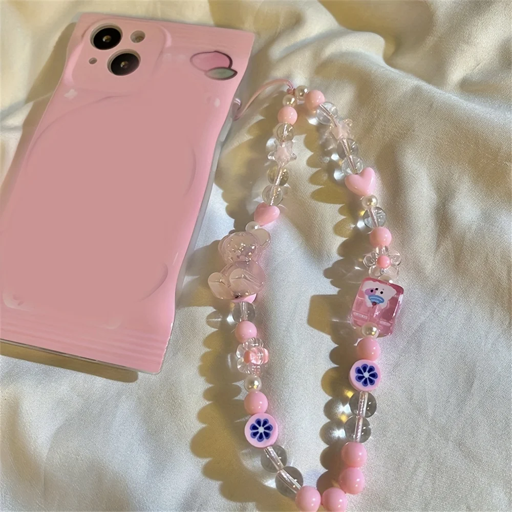 Fashion Charm Flower Bear Love Heart Beaded catena del telefono cellulare acrilico Cartoon Phone Jewelry Women Girls Anti Lost Phone Lanyard