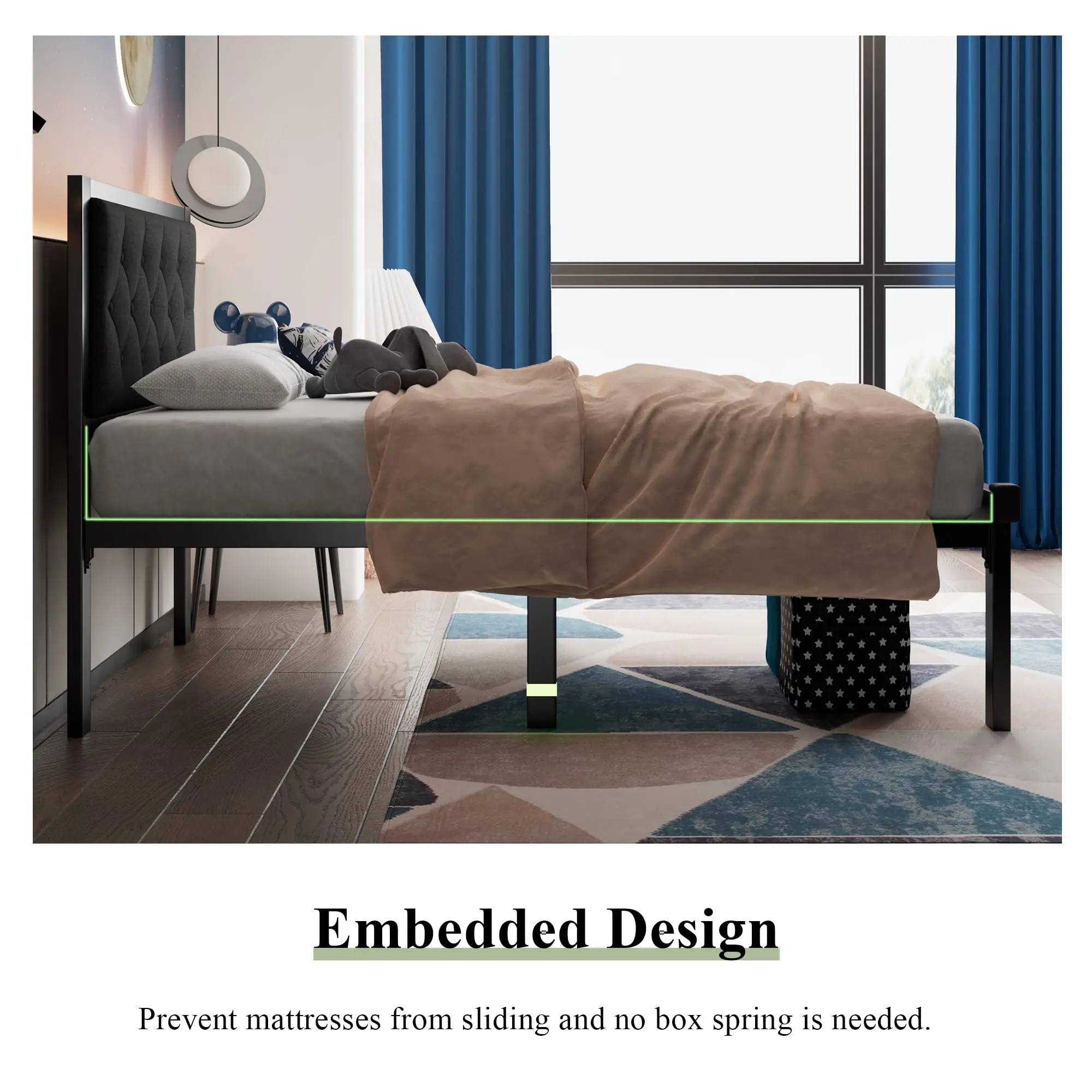

Bedroom Furniture Twin Size Metal Bed Frame with Linen Upholstered Headboardpromote sales