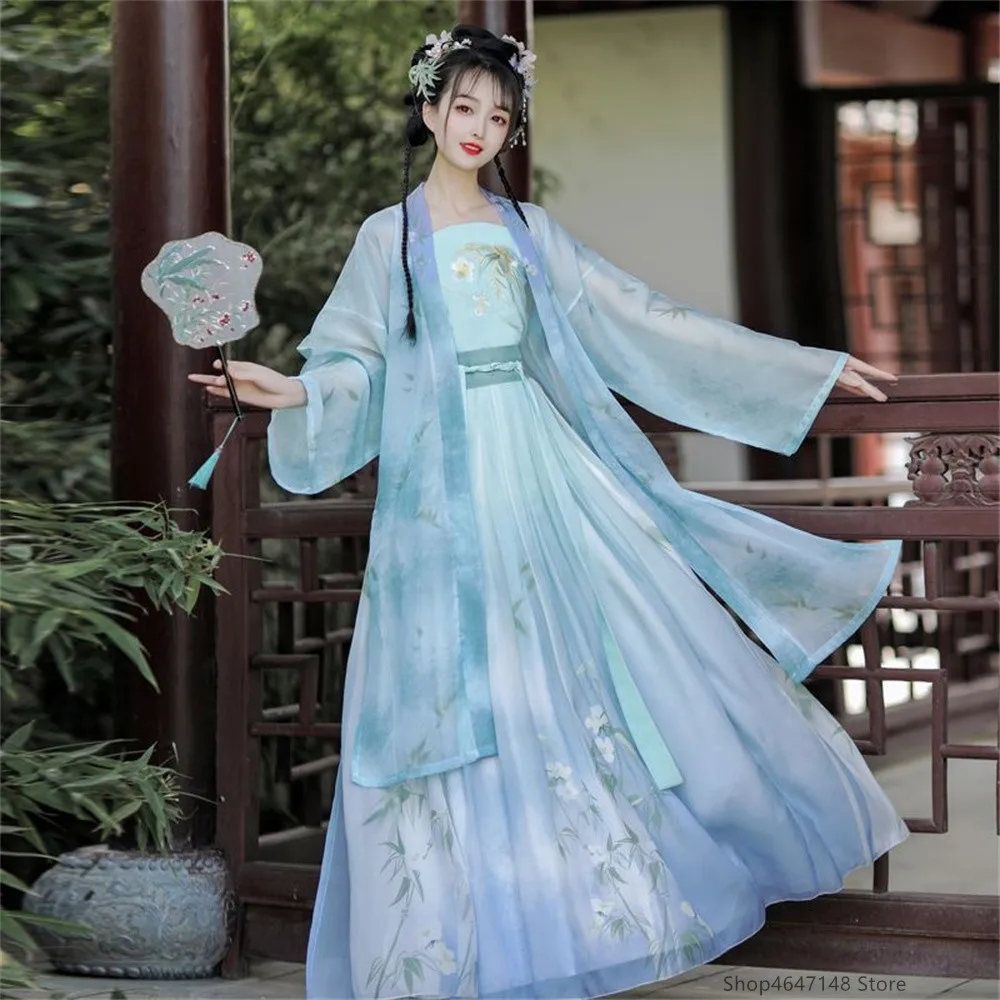 Hanfu gaun tradisional cina wanita, kostum Cosplay tradisional cina gradien kuno hijau & biru Hanfu ukuran besar XL