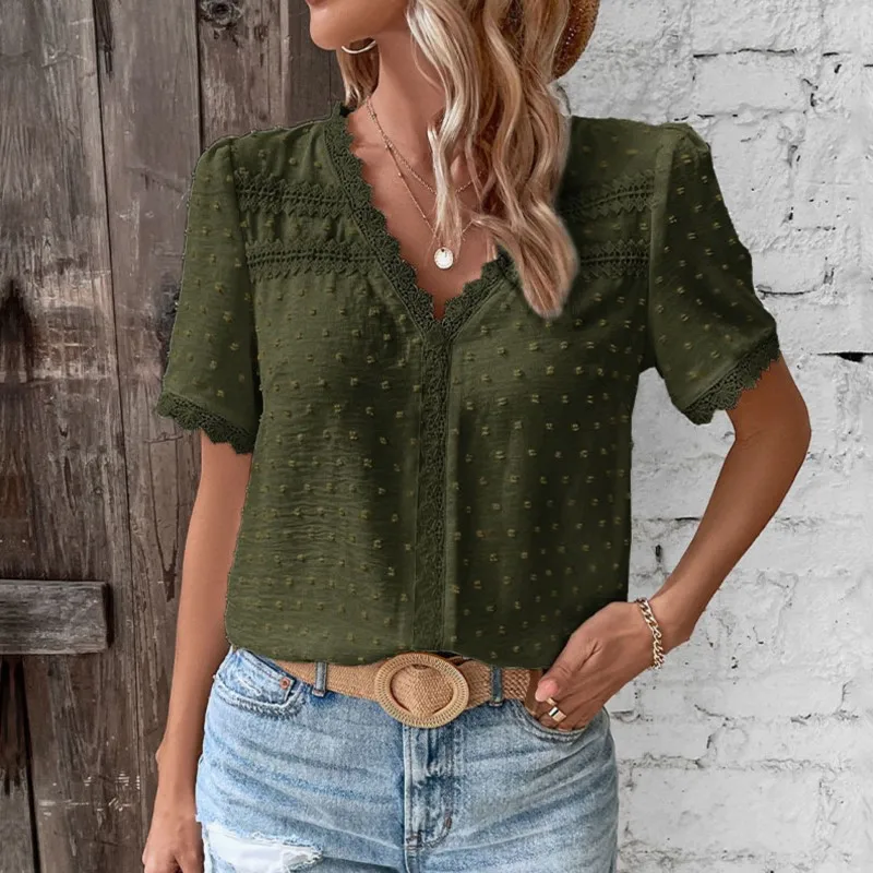 V-neck Lace Polka Dot Solid Color Loose Top Women's Summer 2025 New Short Sleeved Bohemian Sweet Casual Chic Women's Shirt