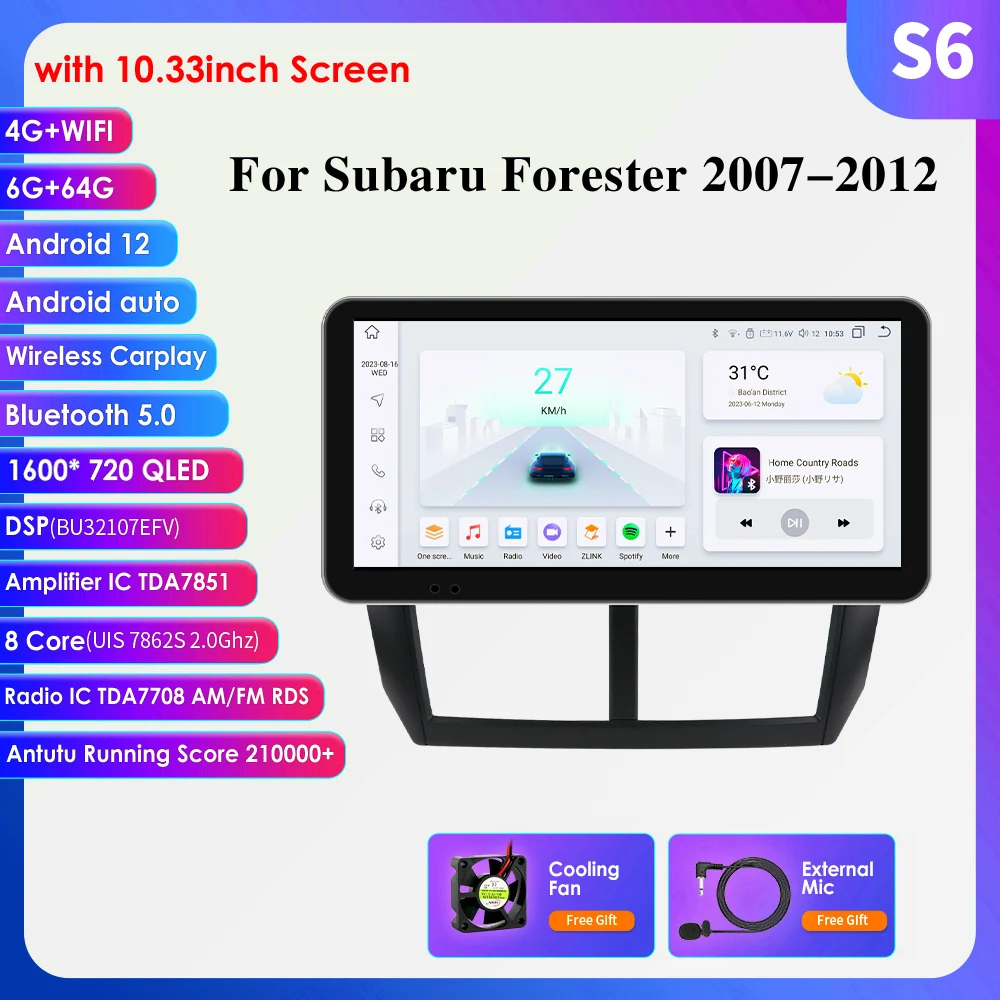 Hizpo 2din 10.33 "Android 14 Auto Carplay voor Subaru Forester 3 SH Impreza GH GE 2008-2014 Autoradio multimedia Speler Stereo 4G