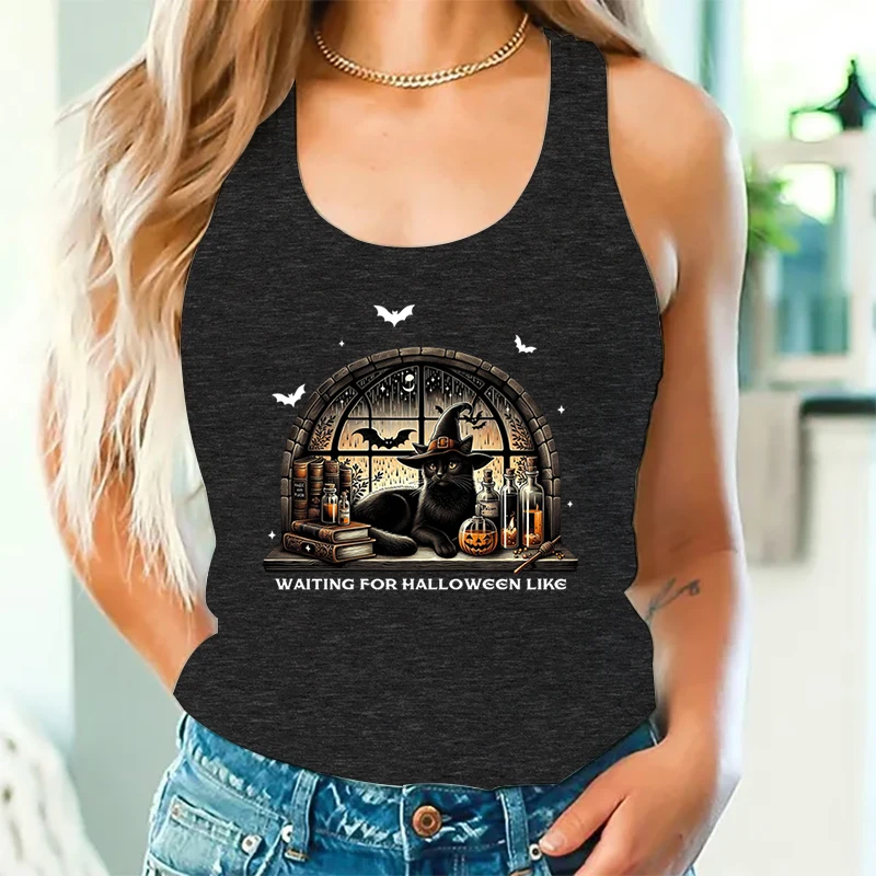 Spooky Black Cat Racerback Tank Top Women Waiting for Halloween Like Graphic Tanks Woman Witchy Cat Lover Halloween Casual Tops