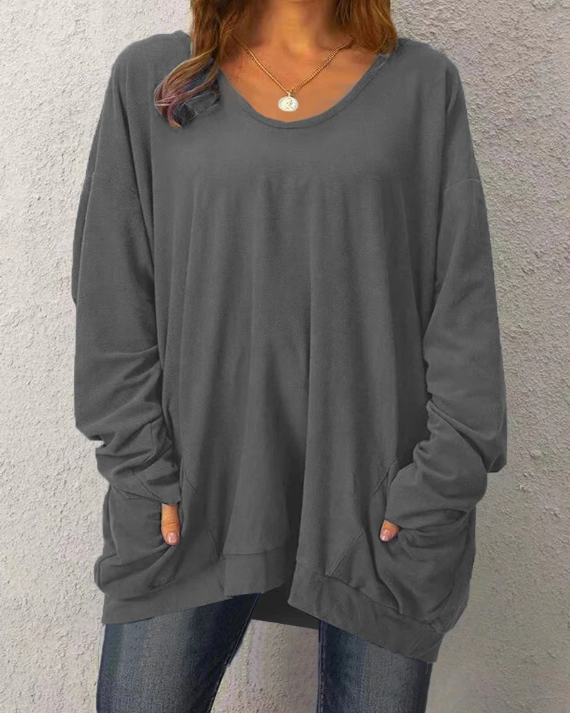 الصلبة اللون جولة الرقبة فضفاضة عارضة طويلة الأكمام جيب الأعلى