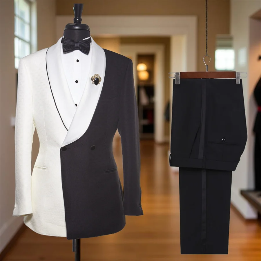 مزدوجة الصدر الرجال الدعاوى الرسمية سليم صالح أبيض وأسود الزفاف سهرة 2 قطعة مخصص البدلة سترة وسراويل