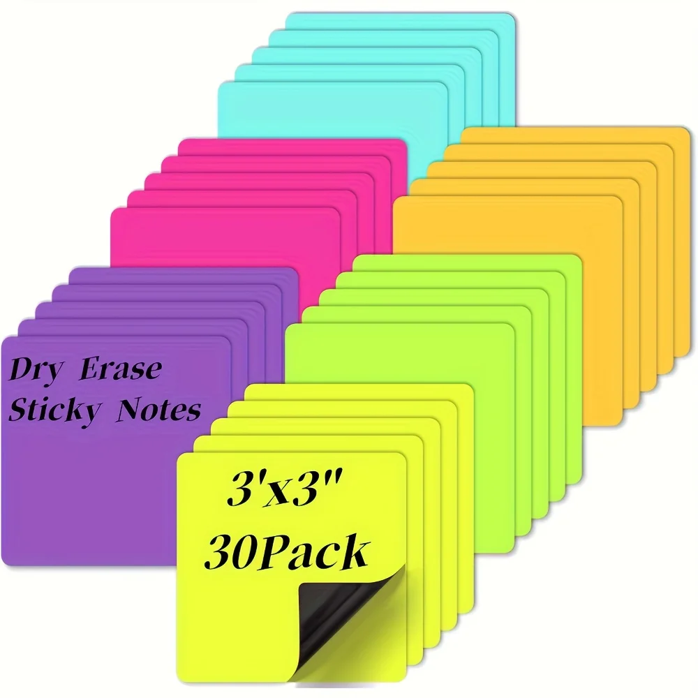 30 Reusable Magnetic Sticky Notes -7.5x7.5cm Color Erasable Label Whiteboard/refrigerator Universal (including 1 Pen)