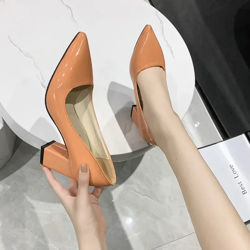 Patent Leather PU Woman Pumps 10cm Square Heels Sexy Party Pointed Toe Luxury Women\'s Shoes Super Big Size 35-43