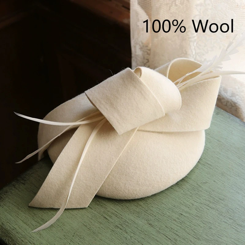 

High Quality 100% Wool Pillbox Cap Lady Party Formal Fedora Cocktail Headpiece Wedding Chic Fascinators Women Chic Felt Berets