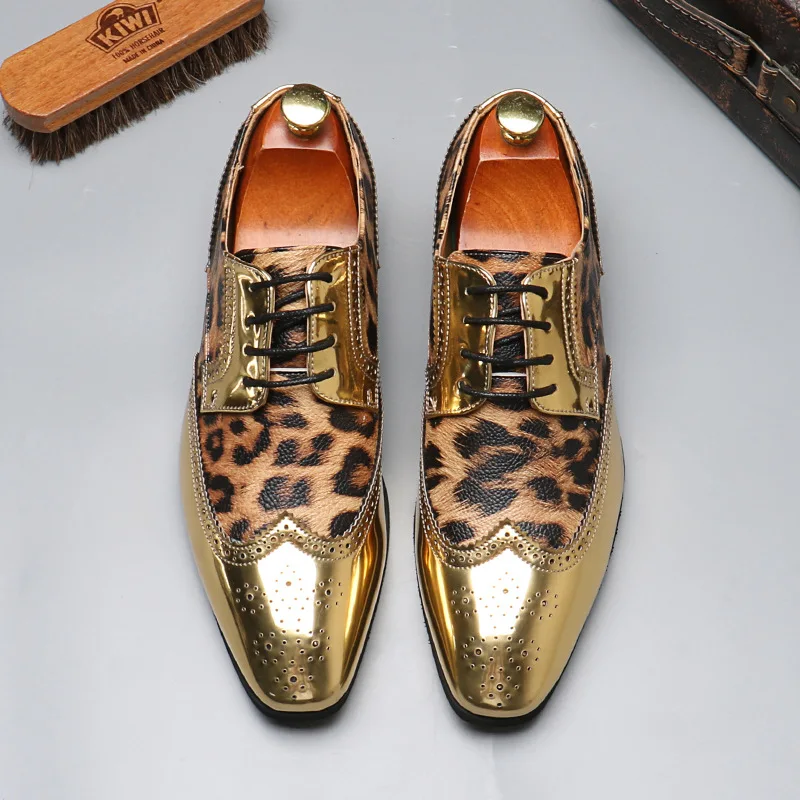 Men's Leopard Print Oxfords Lace-Up Pointed Toe Formal Wedding Shoes Breathable Comfortable Business Casual Dress Shoes Big Size