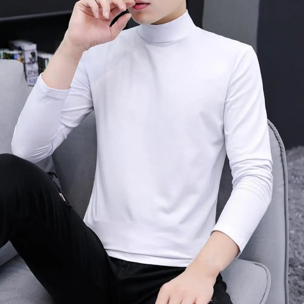 Men Base Shirt Half-high Collar Solid Color Slim Fit Long Sleeves Soft Pullover Basic Close-fitting Comfortable Spring Tops