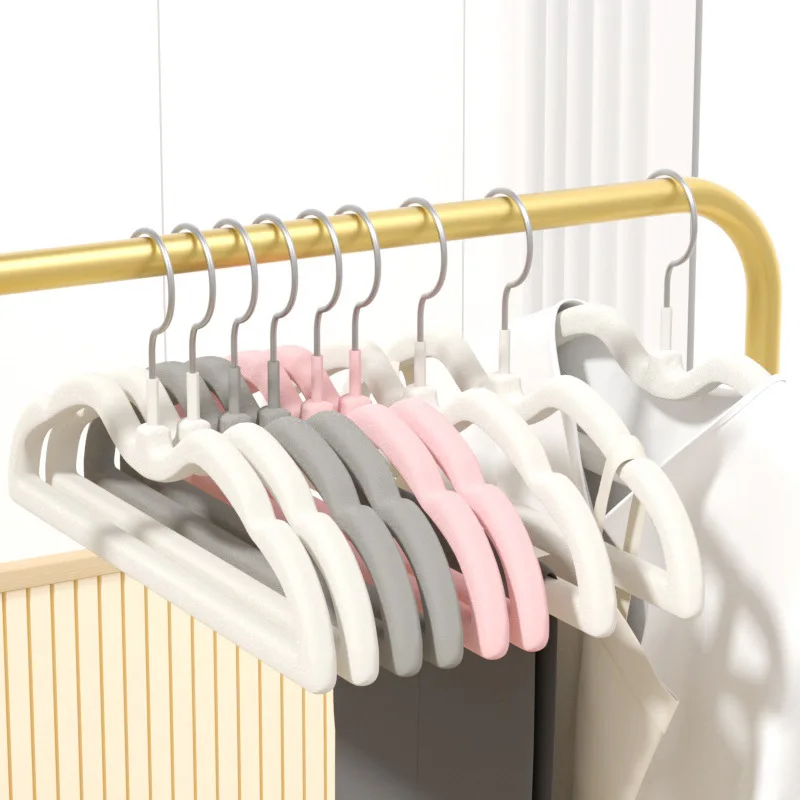 10Pcs Short Neck Velvet Hangers Slim Space Saving Hanger for Clothes Dress Beige/Pink Non-Slip Clothing Rack for Closet Storage