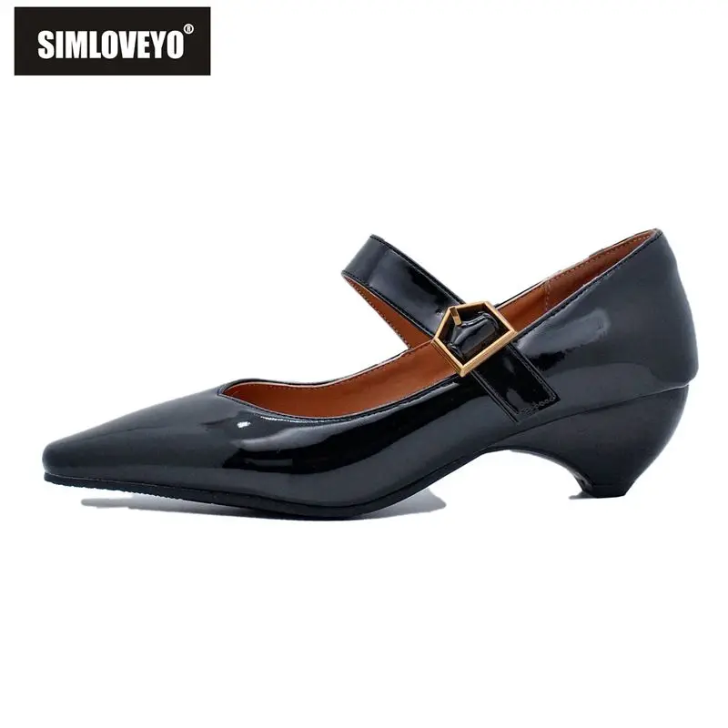 

SIMLOVEYO Brand Women's Office Pumps Square Toe Wedge Heel Buckle Strap Shiny Finish Dating Spring Collection Big Sizes 48