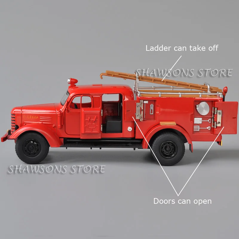 1:32 modelo de veículo fundido brinquedo China FAW Jiefang caminhão de escada de motor de incêndio clássico réplica em miniatura som e luz