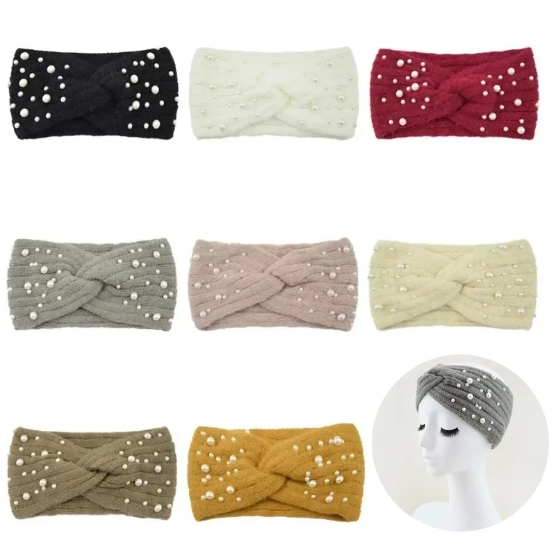 

New Pearl Knitted Cross Headbands for Women Girls Handmade Hair Accessories Autumn Winter Headwear Ear Warmer Elastic Hair Bands
