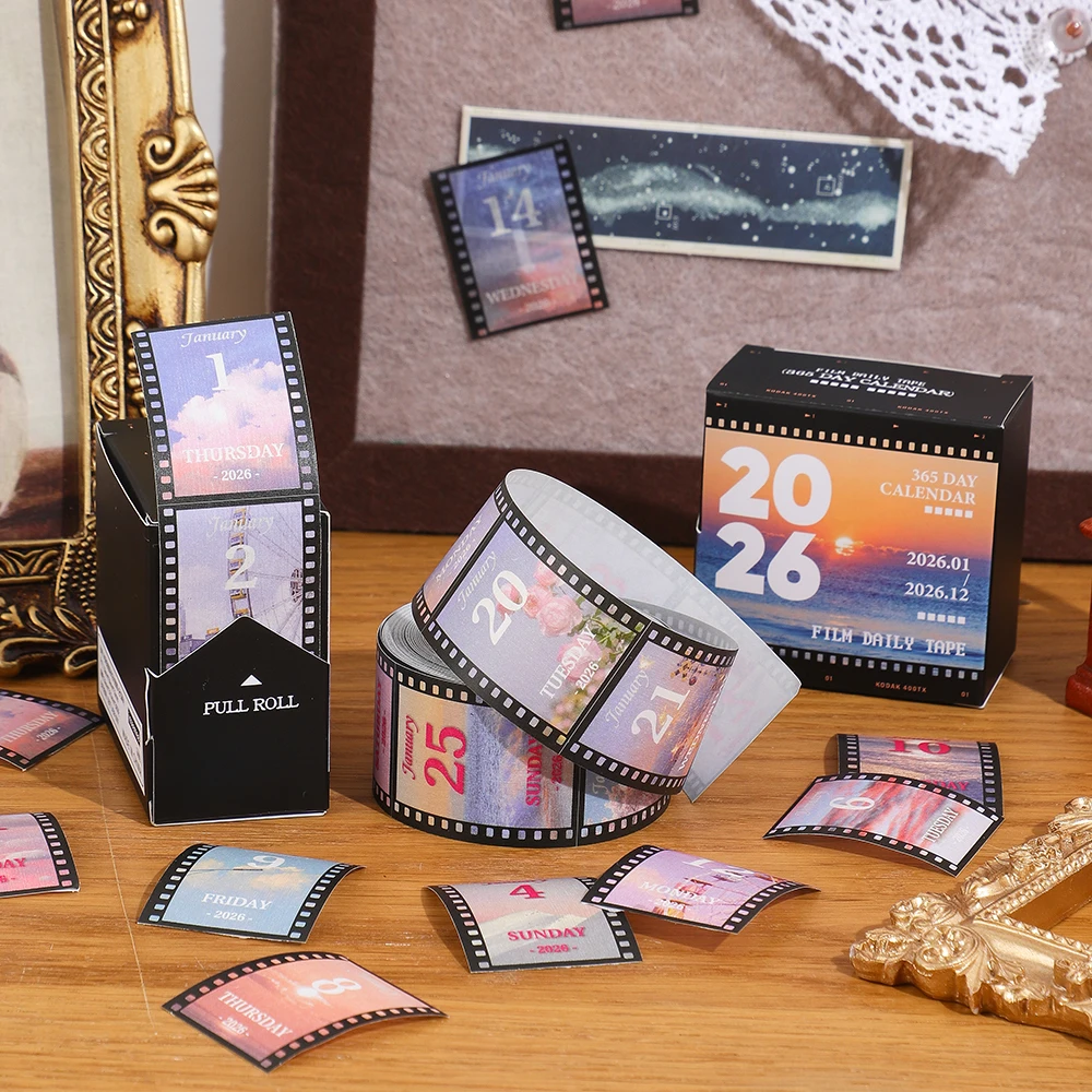 2026 اشي الشريط التقويم خمر فيلم اليومية الدفع الشريط ملصق التقويم 365-يوم صندوق قابل للسحب التعبئة والتغليف ملصقات الجمالية التقويم