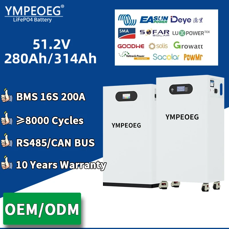 

Аккумуляторная батарея LiFePO4 51.2В 314Ач, новая, класс А, 100% полная емкость, 280Ач, 15кВтч/16кВтч, 8000 циклов, для хранения солнечной энергии