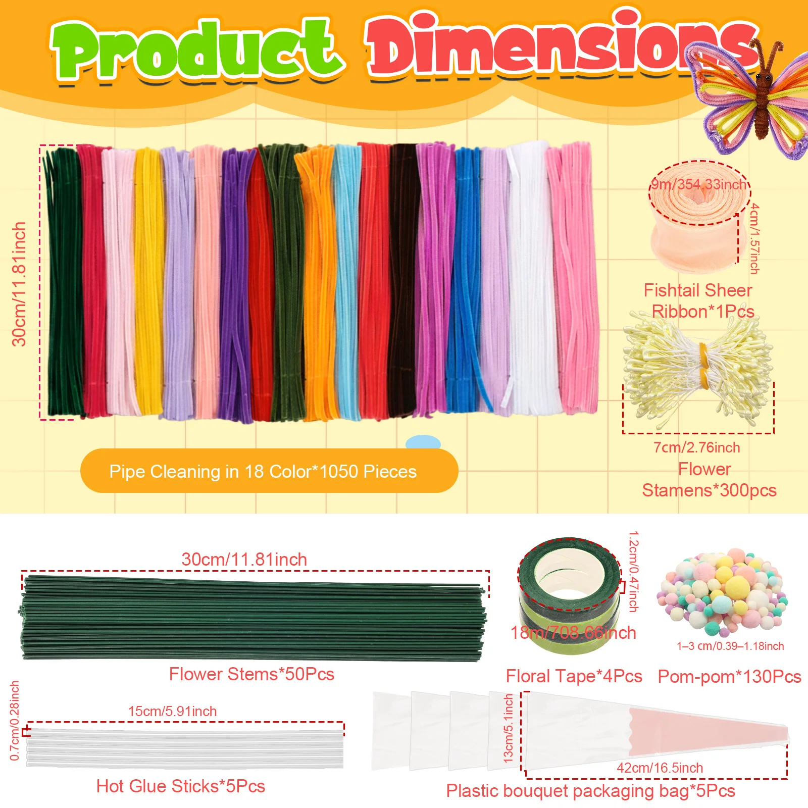 1050Pcs Pipe Cleaner DIY Flower Craft Kit 18 Colors Chenille Stem Set with Floral Tape Stem and Accessories DIY Handmade Bouquet view 2