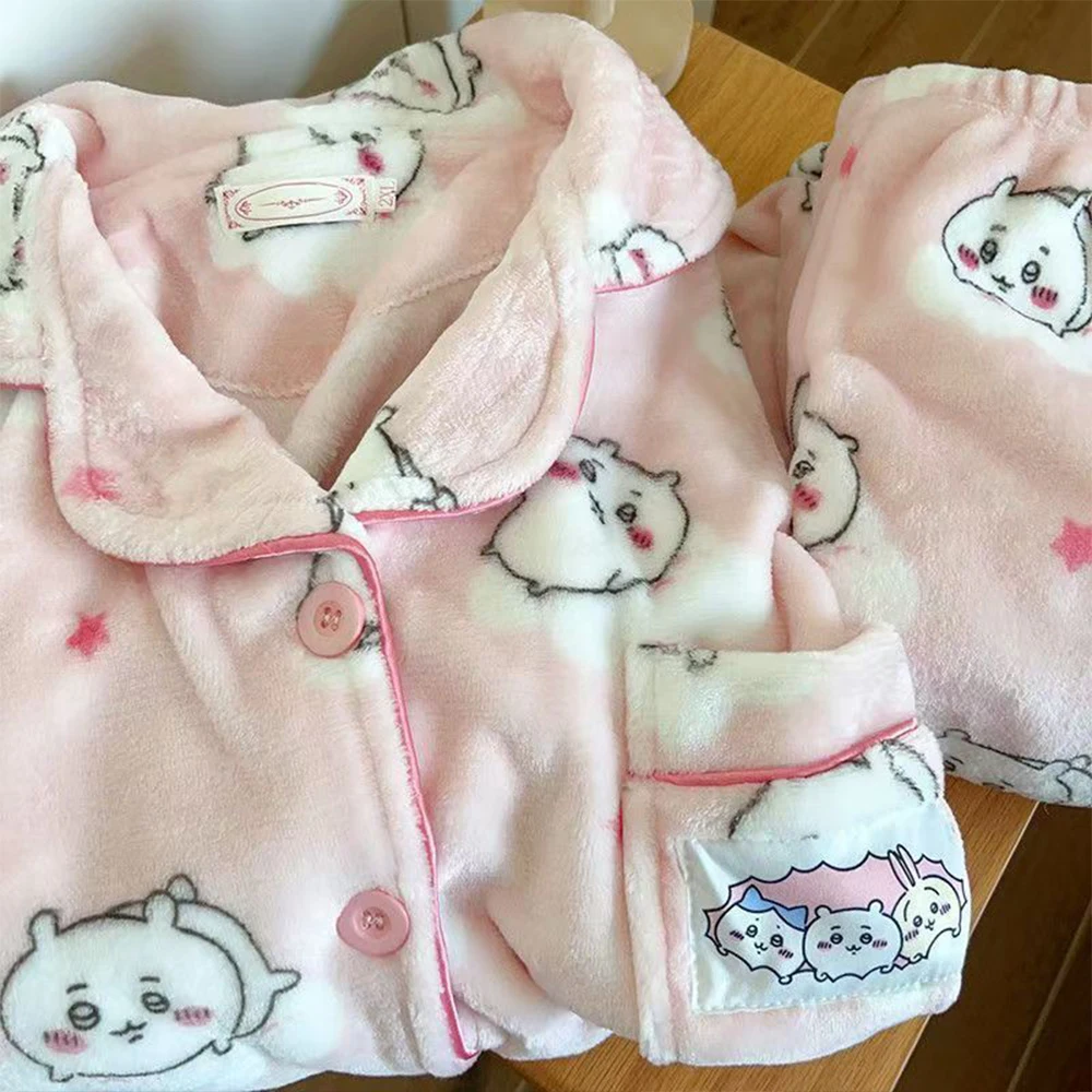

Y2K Chiikawa Hachiware Pajamas Set Winter Cartoon Flannel Warm Sleepwear Pants Usagi Japanese Anime Pajama Student Homewear Set