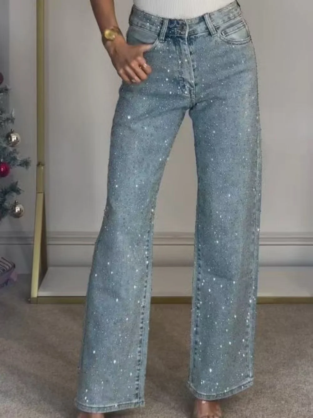 

Women Denim Pants Fashion Diamond Washed Elastic Denim Wide-Leg Pants Streetwear Casual Lady High Waist Straight Jeans Trousers