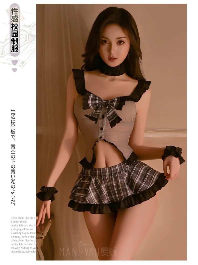 Sexy feminino bowknot sheer xadrez vestido de renda malha emenda transparente sem mangas profundo v campus jk uniforme vestido encantador t1jg