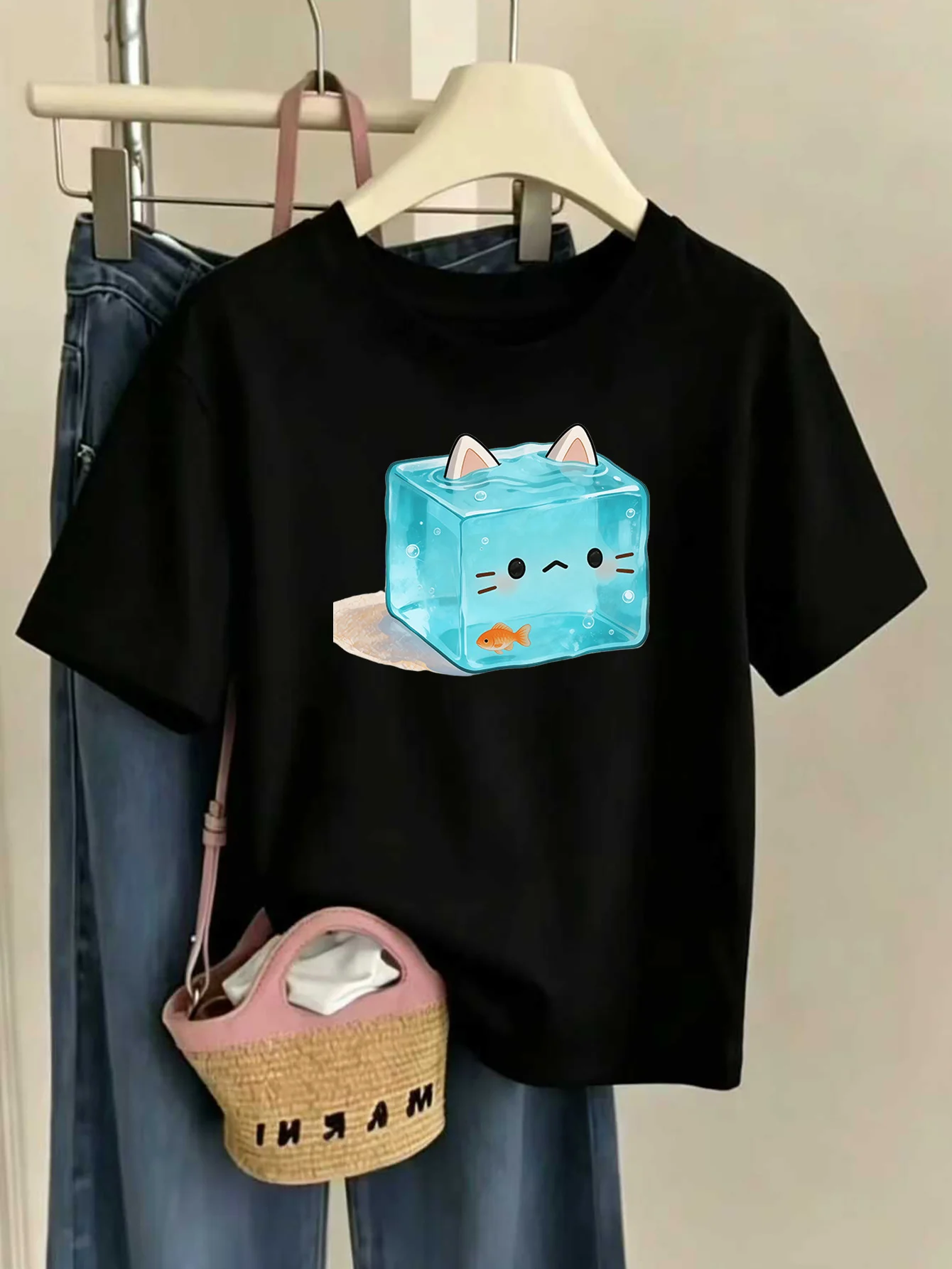 Parent Child Matching Tee Funny Ice Block Cat Fish Graphic Short Sleeve Cotton T Shirt Girls Boys Kids Sweet Daily Casual Wear