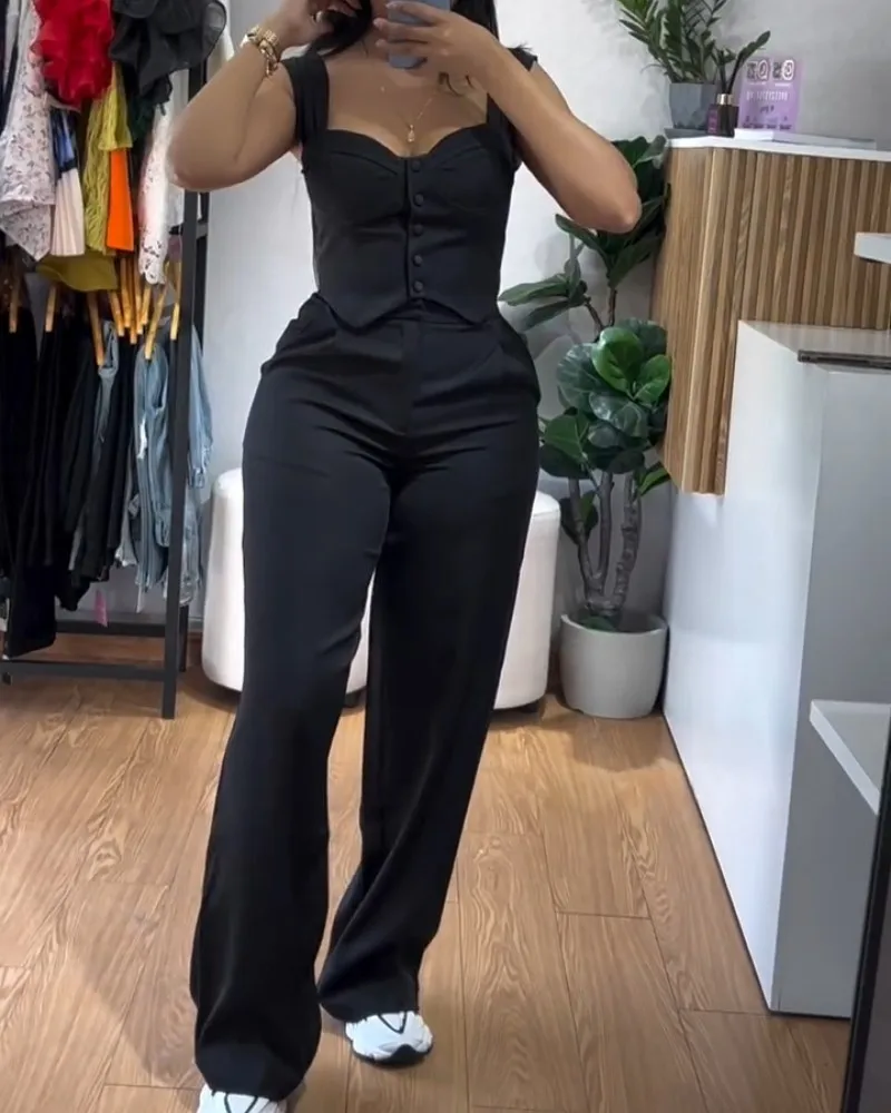 Elegantes 2-teiliges Damen-Tanktop mit dickem Riemen und Knopfleiste vorne, schmale Passform und hohe Taille, weite Beinhose, lässiges Outfit-Set