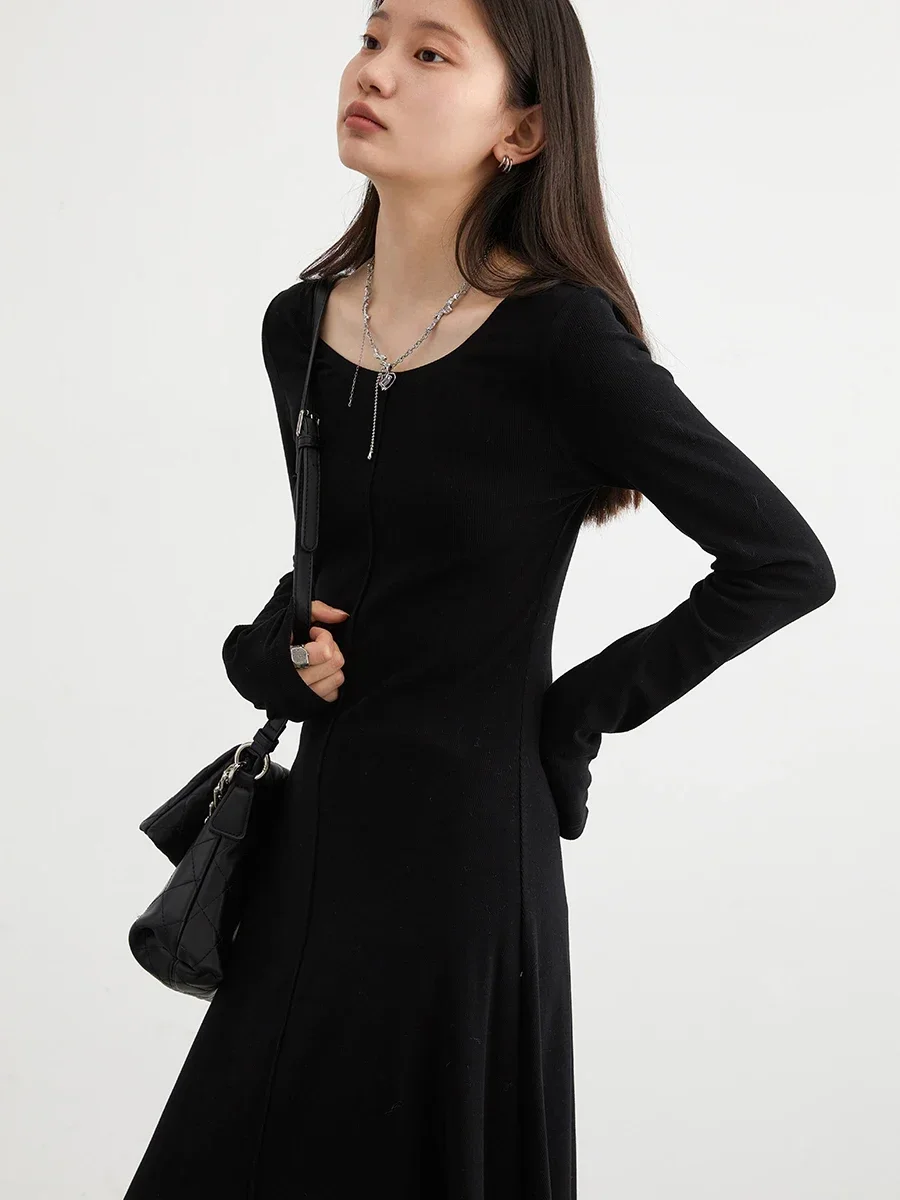 CHIC VEN Korean Women Dresses Solid Long Sleeve New Round Neck Long Dress A Line Bottom Skirt Autumn Spring 2023