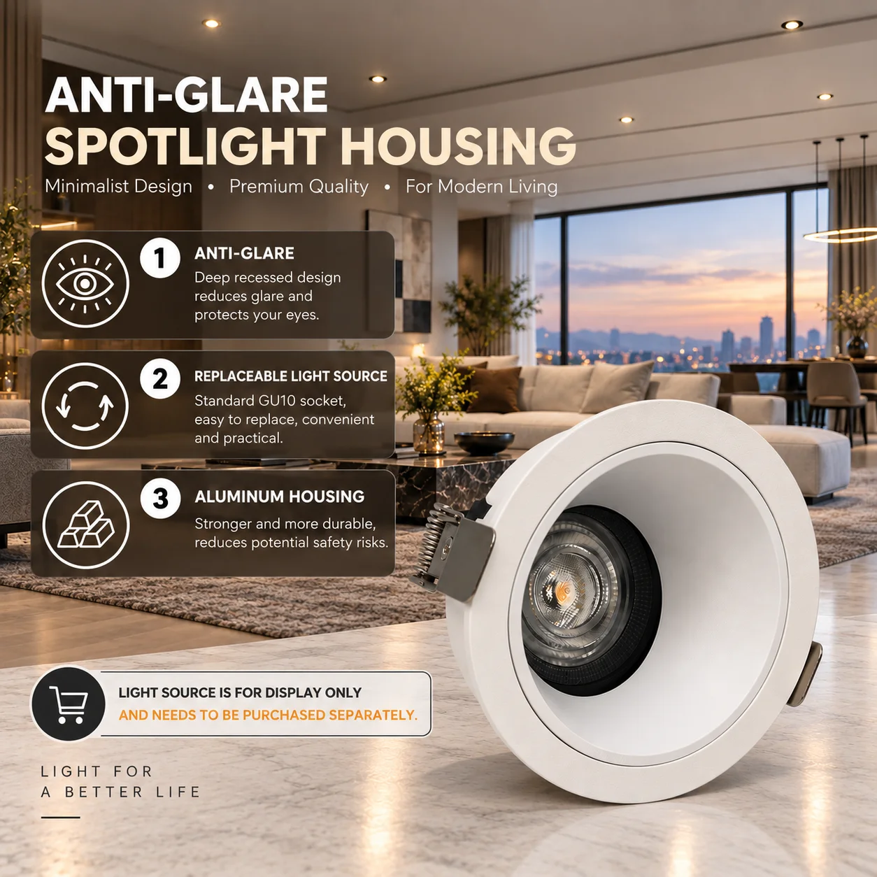 GU10 MR16 Recessed Downlight Frame 75mm Cutout Deep Anti Glare Aluminum Spotlight Housing Replaceable Bulb Ceiling Light Fixture