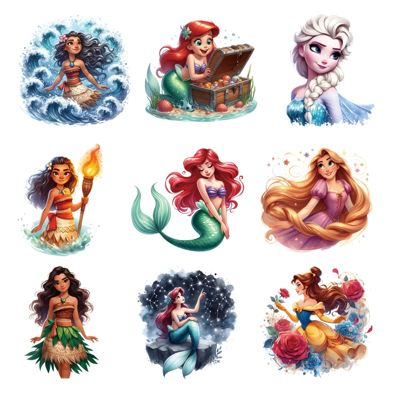 Hot Watercolor Princess Moana and Aurora Patches for clothes vinyl stickers thermo-stickers for Girls Ironing applications